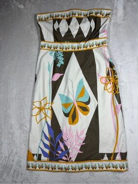 Vintage Tibi Y2K Strapless Butterfly Floral 100% Cotton Cream Brown Dress Size 8